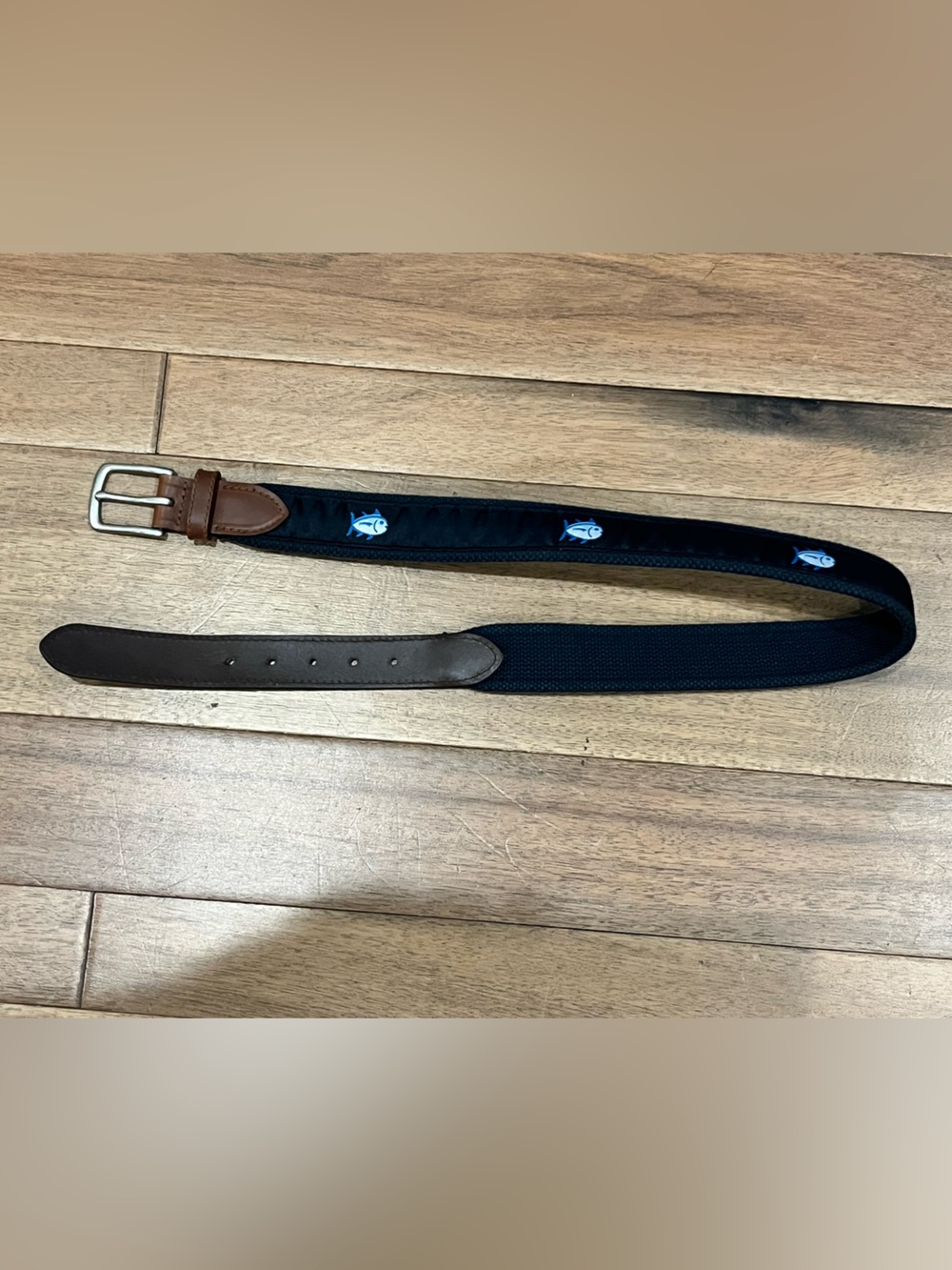 Southern Tide Navy Blue Webbed Belt with Brown Leather Trim and Fish Embroidery
